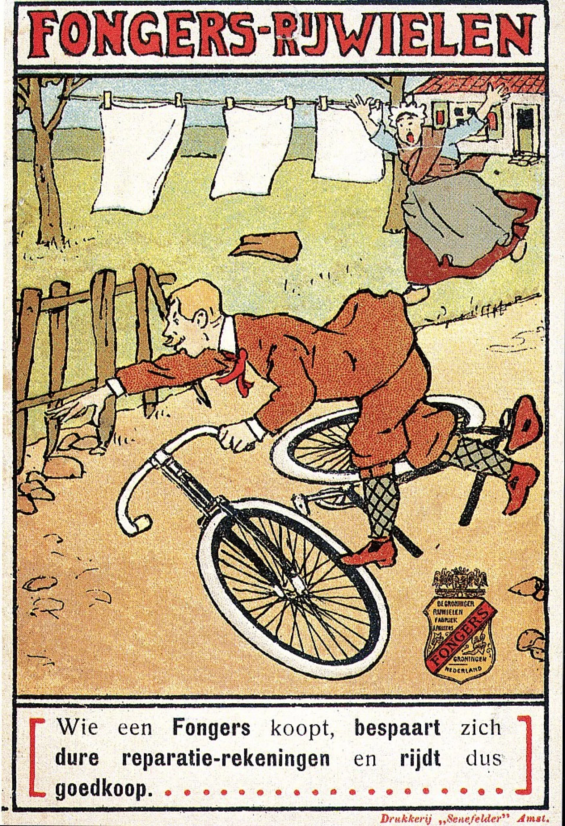 Reclameposter voor Fongers fietsen met een man die tegen een hek valt terwijl hij fietst.