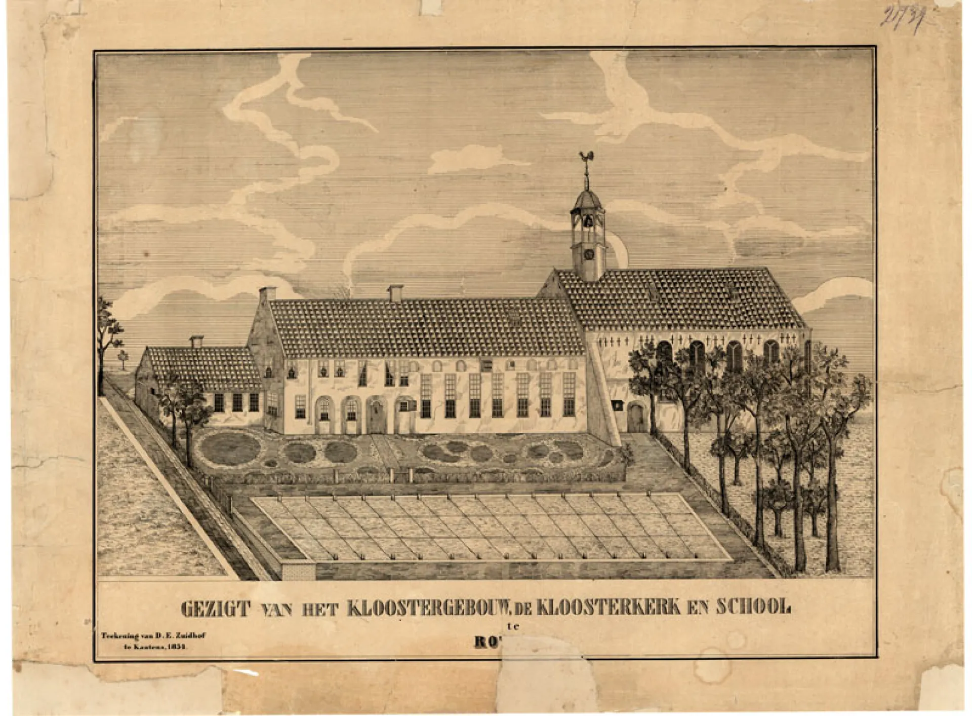 Afbeelding van een historisch kloostergebouw met een school en tuin.