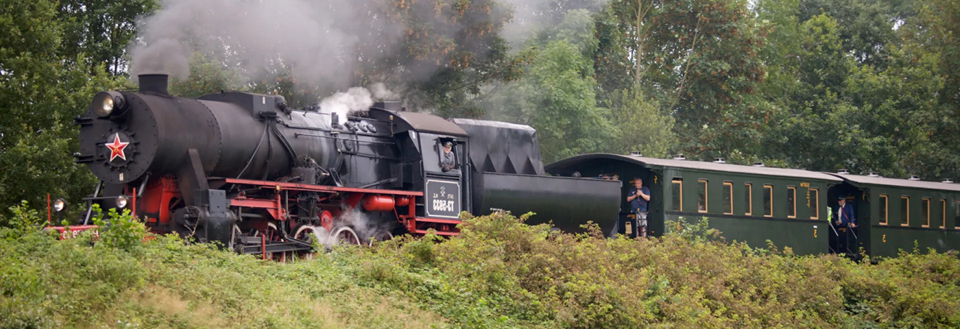 De stoomlocomotief TE-5933 rijdt door het Groninger landschap.