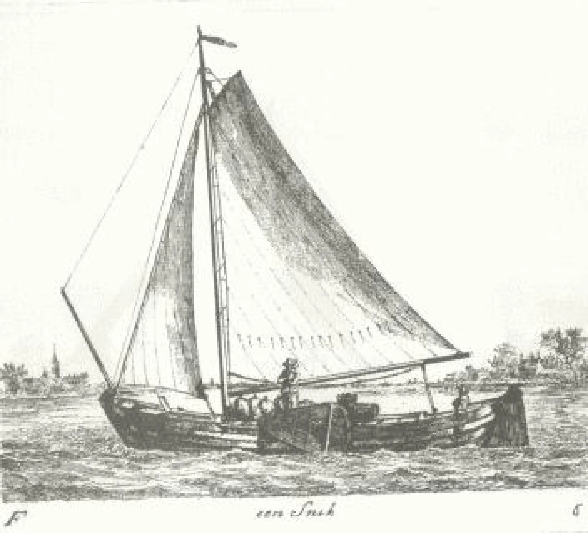 Een tekening uit 1789 van een zeilboot type een Snik op het water. De tekenaar is Gerrit Groenewegen.