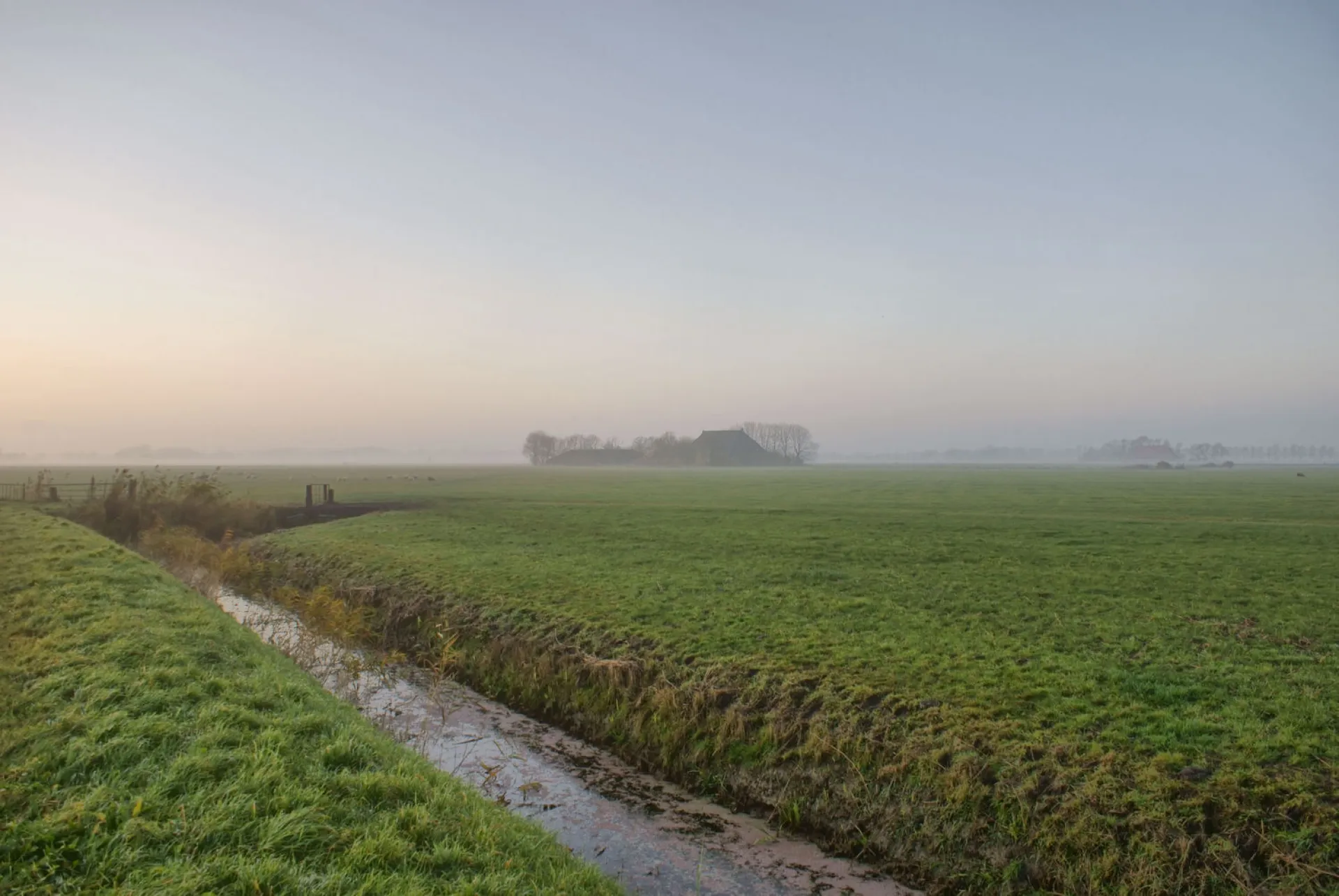 Mistig landschap met uitgestrekte groene velden en een smalle sloot.