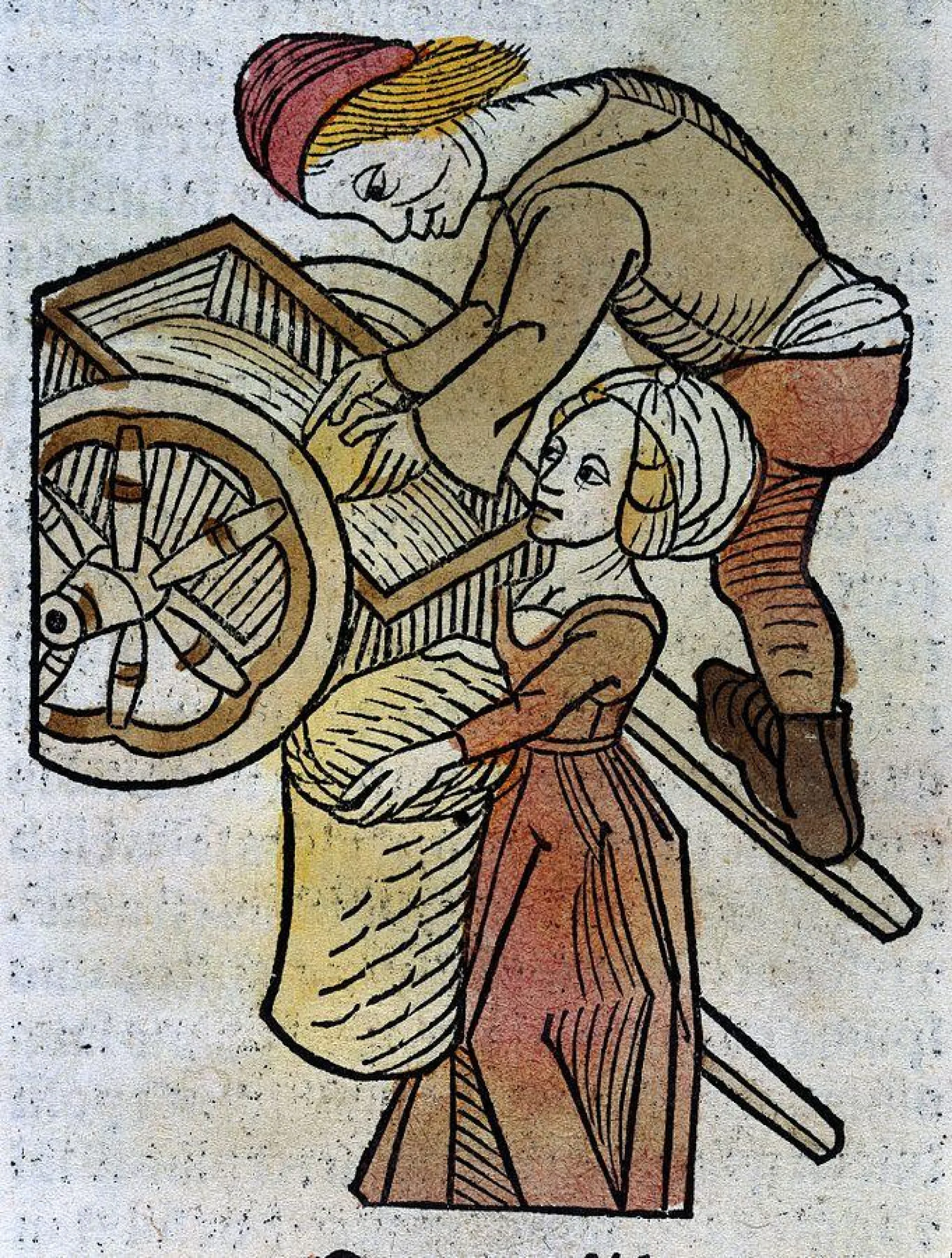 Middeleeuwse houtgravure van een man en vrouw bij een kar.