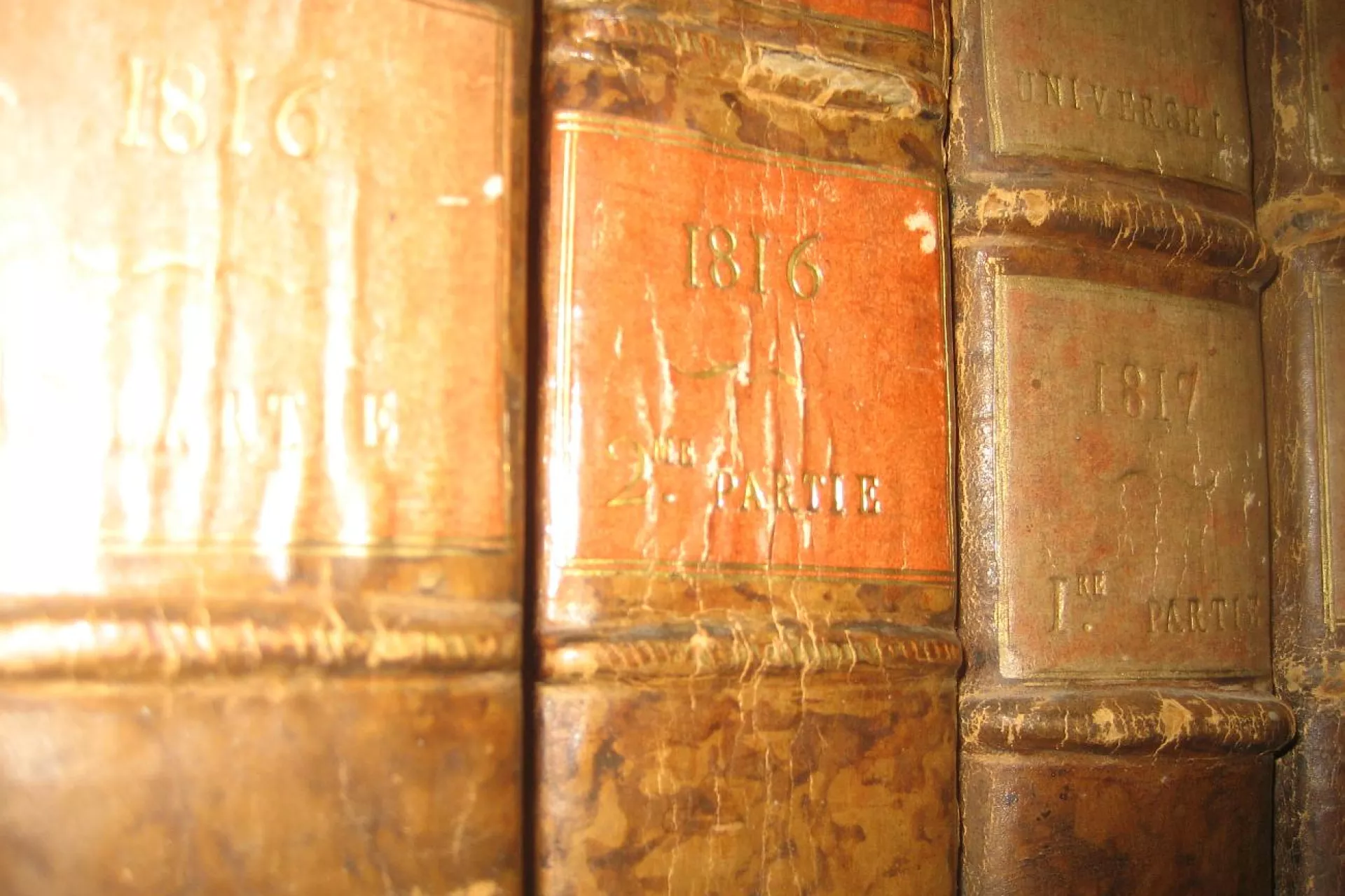 Oude boeken met versleten ruggen en jaartallen 1816 en 1817.